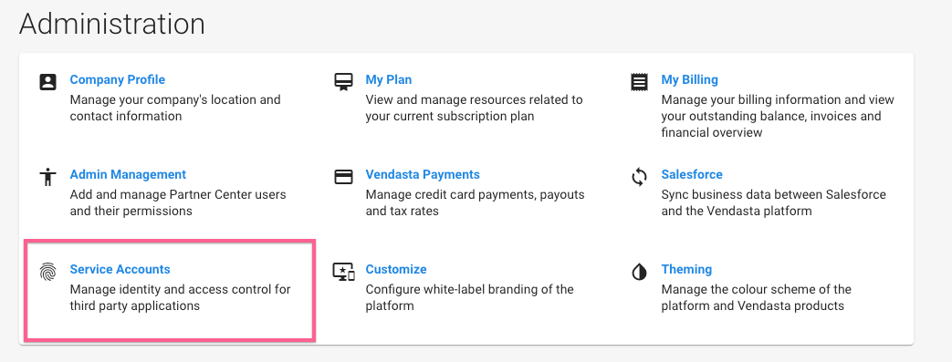 Service Accounts Panel Link